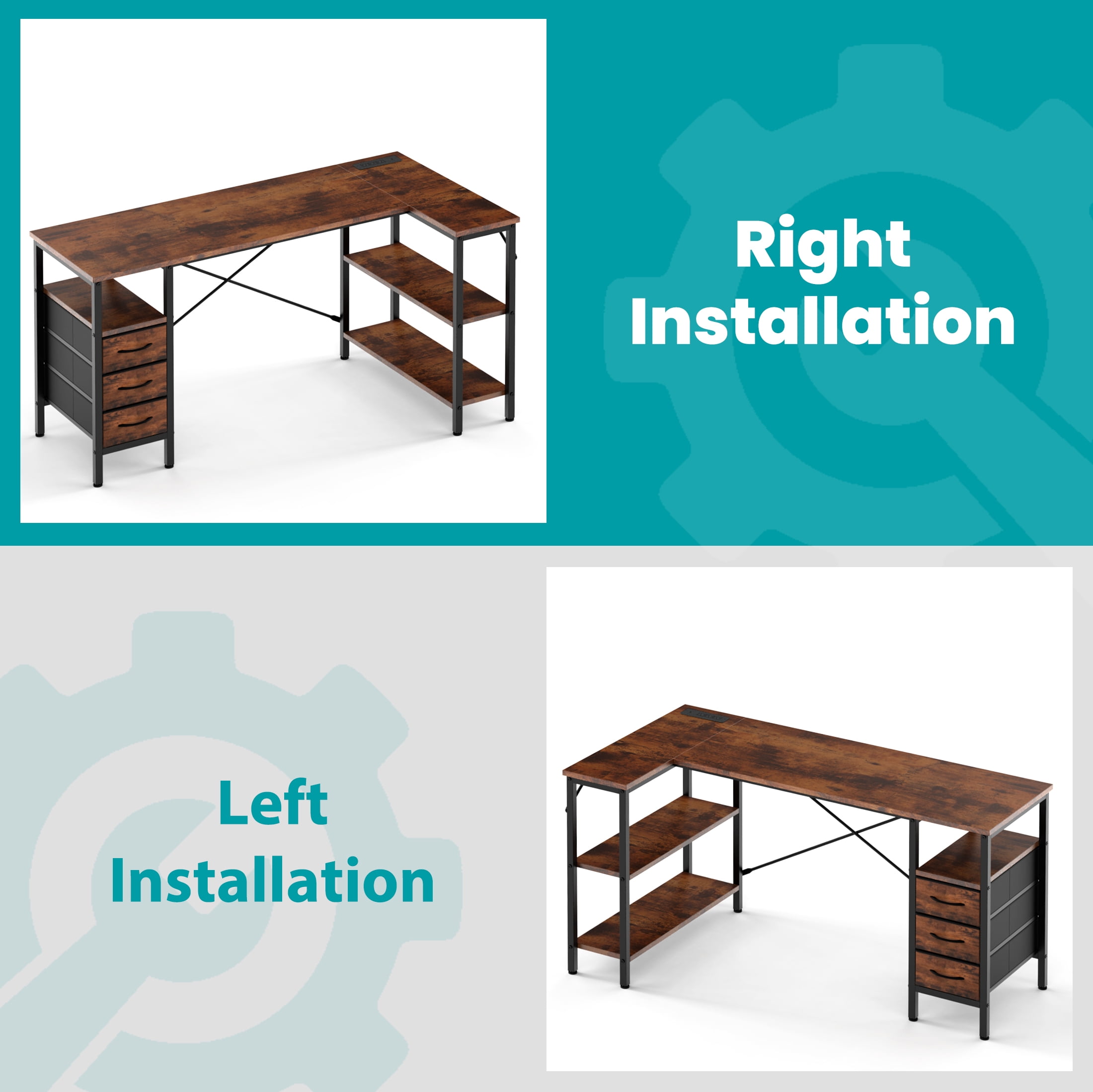 CONCETTA 55"L Shaped Computer Desk with 3 Drawers, Power Outlets, USB Ports, and Monitor Stand, Corner Gaming Desk for Home Office,Rust