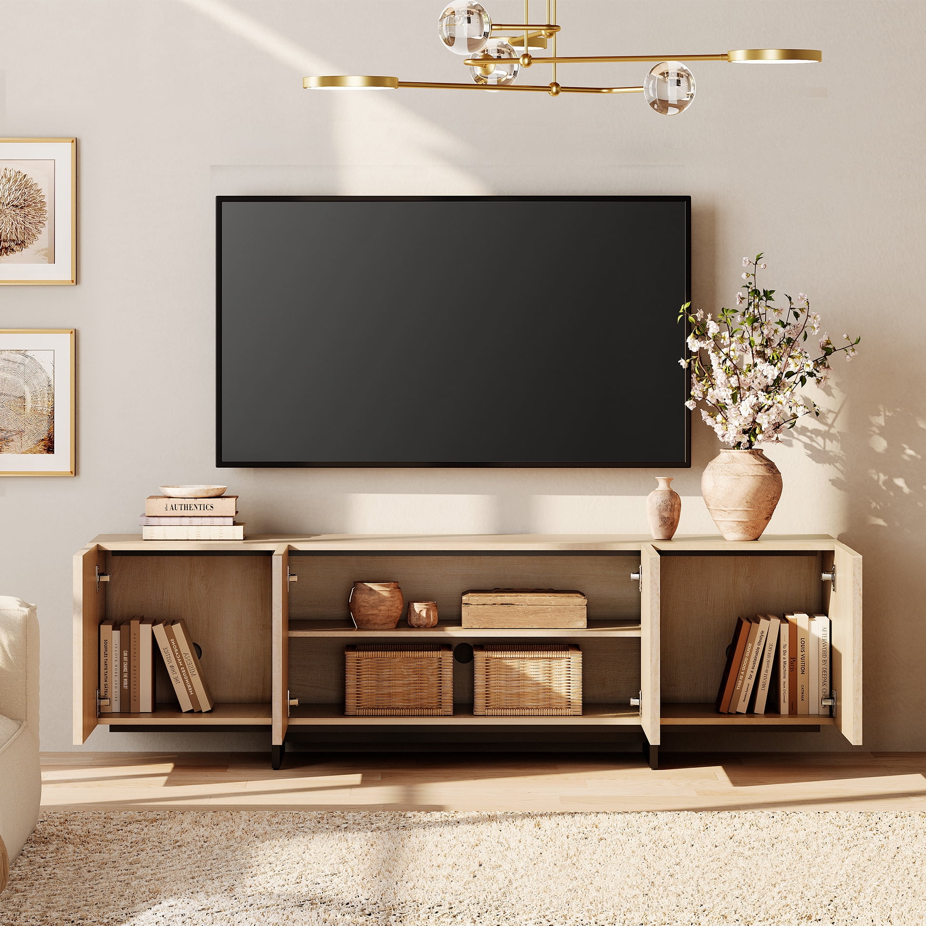 Modern 2-Piece Living Room Set, 70.9" TV Stand Entertainment Center & 57.5" 9-Compartment Storage Cabinet, 4-Door Closed Storage with T-Shaped Legs,Beige