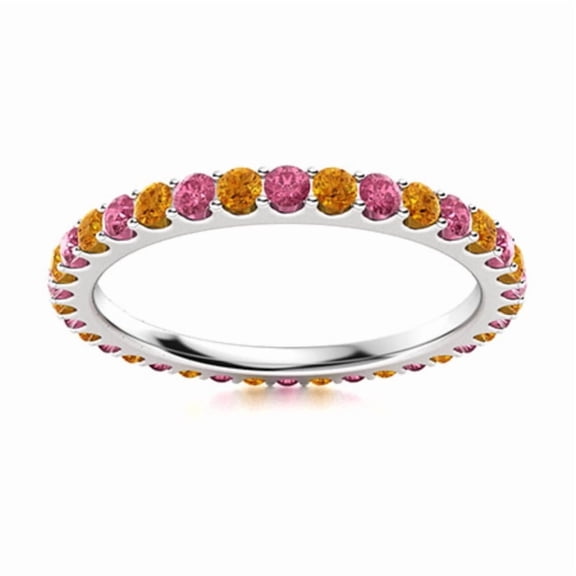 Full Eternity Round Citrine & Pink Topaz 925 Sterling Silver Women Wedding Ring