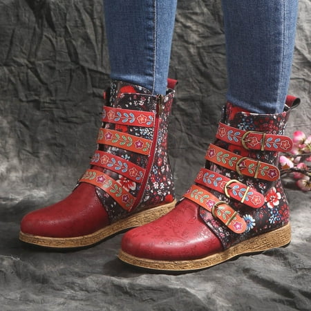 

Yinguo Round Shoes Booties Print Middle Zipper Flowers Women Retro Flat Embroidery Toe Women s Boots