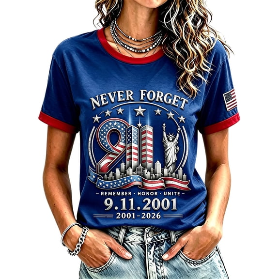 ZCNKMX Women's Never Forget 911 Memorial T Shirt We Will Never Forget 9/11 Tee American Flag Patriotic Crewneck Shirt Blue XL
