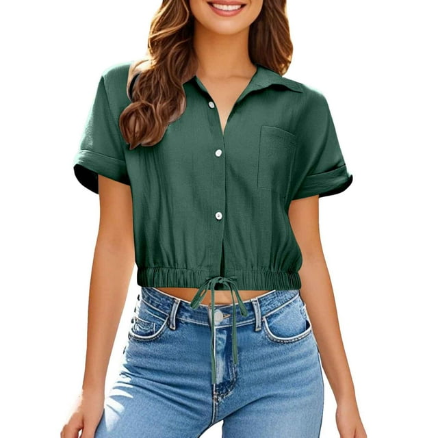 Chemise Courte à Manches Courtes pour Femmes avec Poche Poitrine Décontractée Plage et Blouse