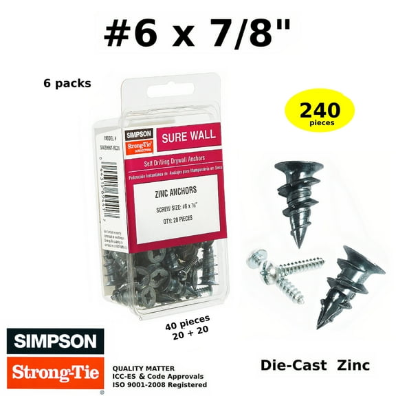(Qty 240) #8 x 7/8” Wall Anchors and Screws Zinc Hollow Door Hollow Wall Anchors Self Drilling Drywall Anchors 6 Pack Screws and Anchors Kit…