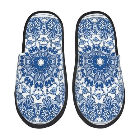 Balery Blue Watercolor Slient Indoor Furry Fleece Comfort House Shoes Soft Non-Slip Home Shoes Cotton slippers House Slippers-- Large