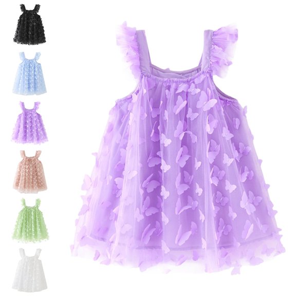 Bmisegm Kids Dress Holiday Spaghetti Strap Dress 3D Butterfly Applique Flowy A Line Skirt Casual Toddler Dress 3-4 Years