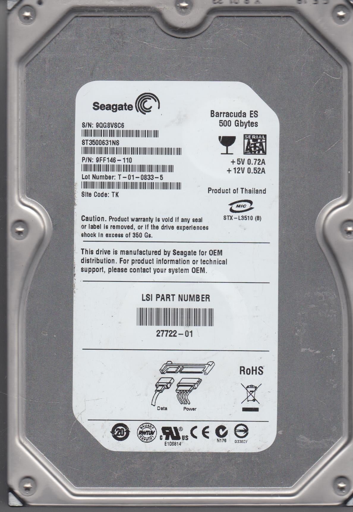 Lot Of Seagate Barracuda ES 500GB Internal 7200RPM 3.5" ST3500631NS Sata HD 10 