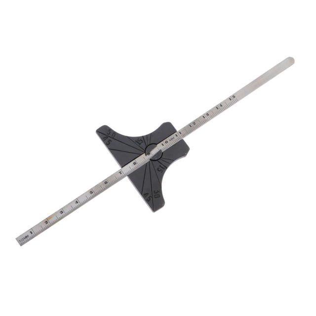 medidor de profundidad y ángulo conjunto de diseño de medición calibradores divisor regla vernier sunnimix medidor de profundidad y ángulo Vista frontal de regla vernier de acero inoxidable de 15 cm con cursor negro en T y marcas grabadas para 30°, 45° y 60°; sonda de acero templado de 66 mm (1/8"/3 mm) con parte cóncava para medición plana, escala milimetrada y moleteado para fijar posición; color negro y plata, marca SM SunniMix; suele usarse también para ajustar cortes o guardar en cajas de herramientas.