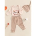 thumbnail image 5 of Baby Toddler Boys Thanksgiving Outfits 0 3 6 12 Months Letter Turkey Print Crew Neck Long Sleeve Rompers Long Pants Hat 3Pcs Clothes Set, 5 of 9