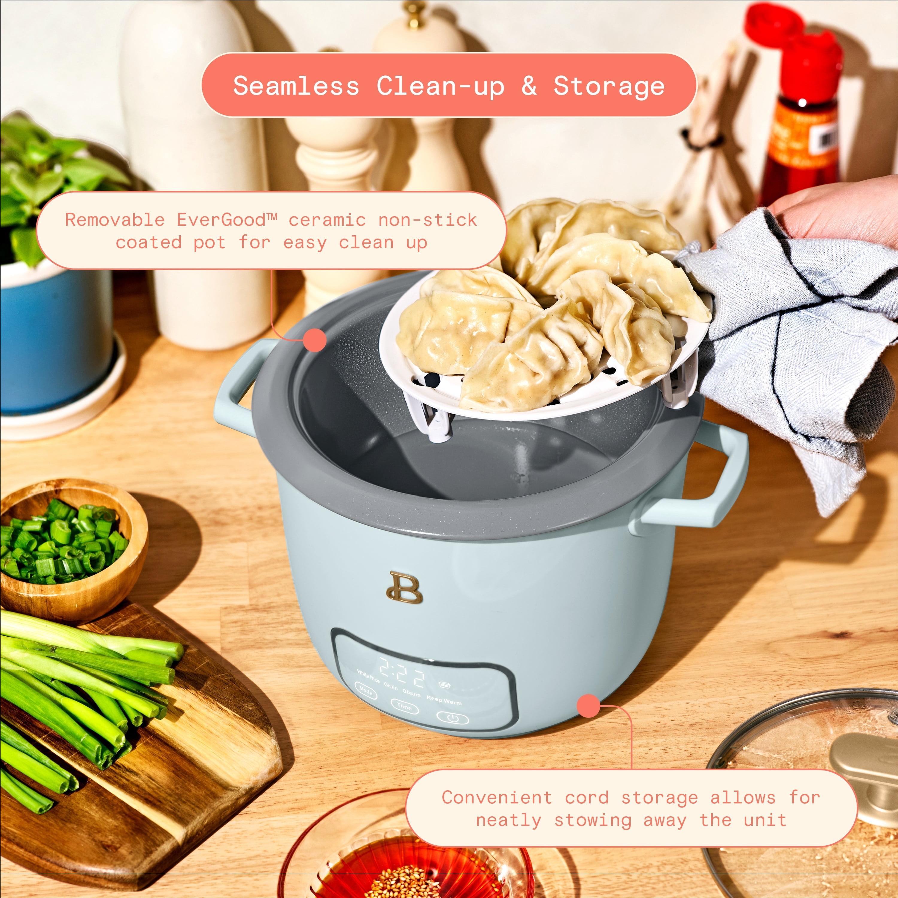 Beautiful 6-Cup Cooked, 3-Cup Uncooked Digital Electric Rice and Grain Cooker with Glass Lid, Hydrangea by Drew Barrymore