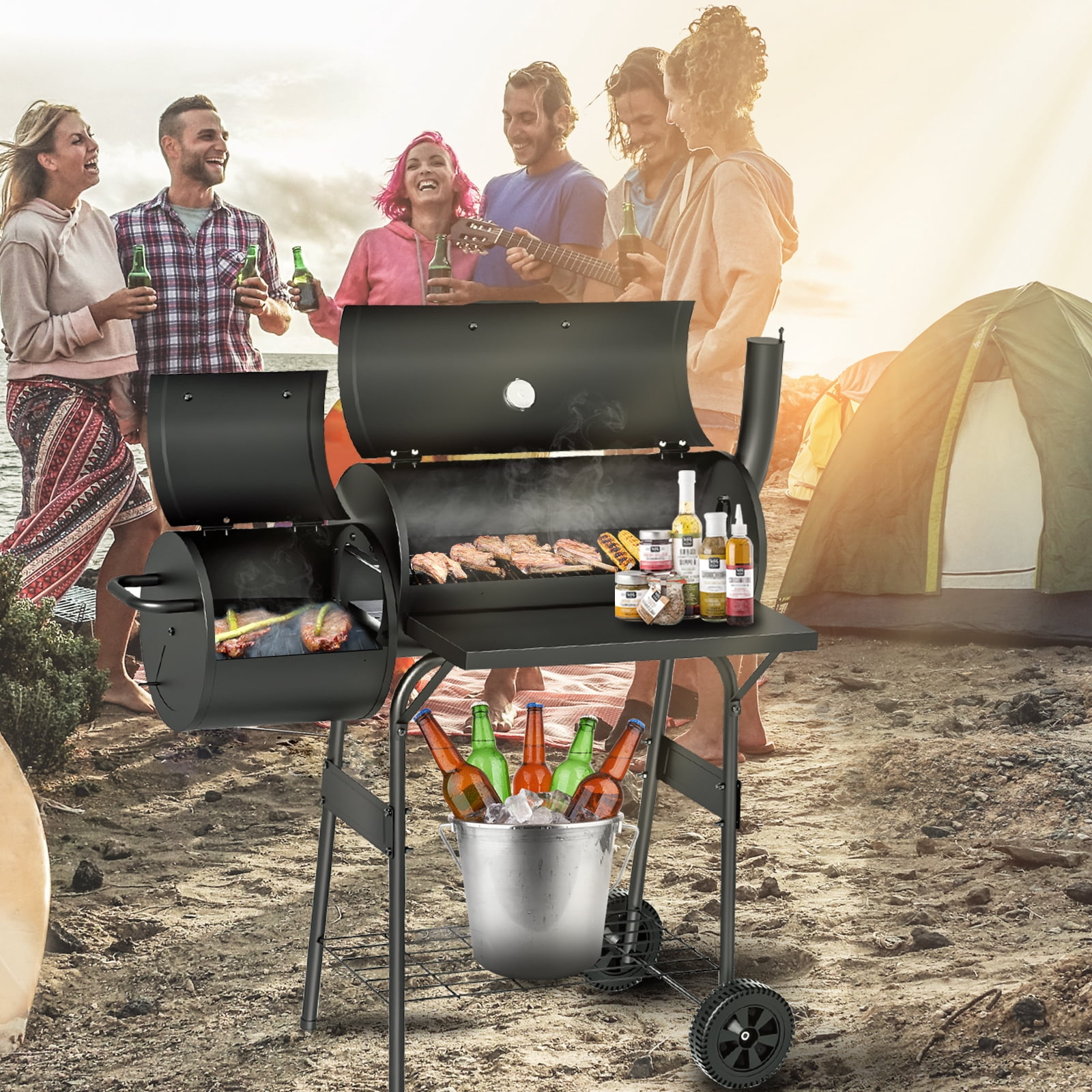 Charcoal Smoker Grills, KingChii Offset Smoker Family-Size 4-6  with Temperature Control Person BBQ for Outdoor, Garden, Patio and Backyard