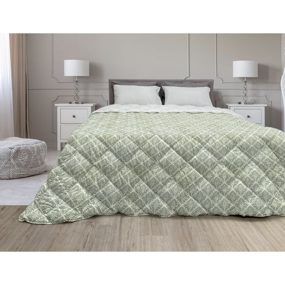 Abstract Green Down Alternative Comforter, Futuristic Grid Pattern of Lines with Dotted Ends, Microfiber Quilt for All Season, 5 Sizes, Hunter Green Pale Green, by Ambesonne