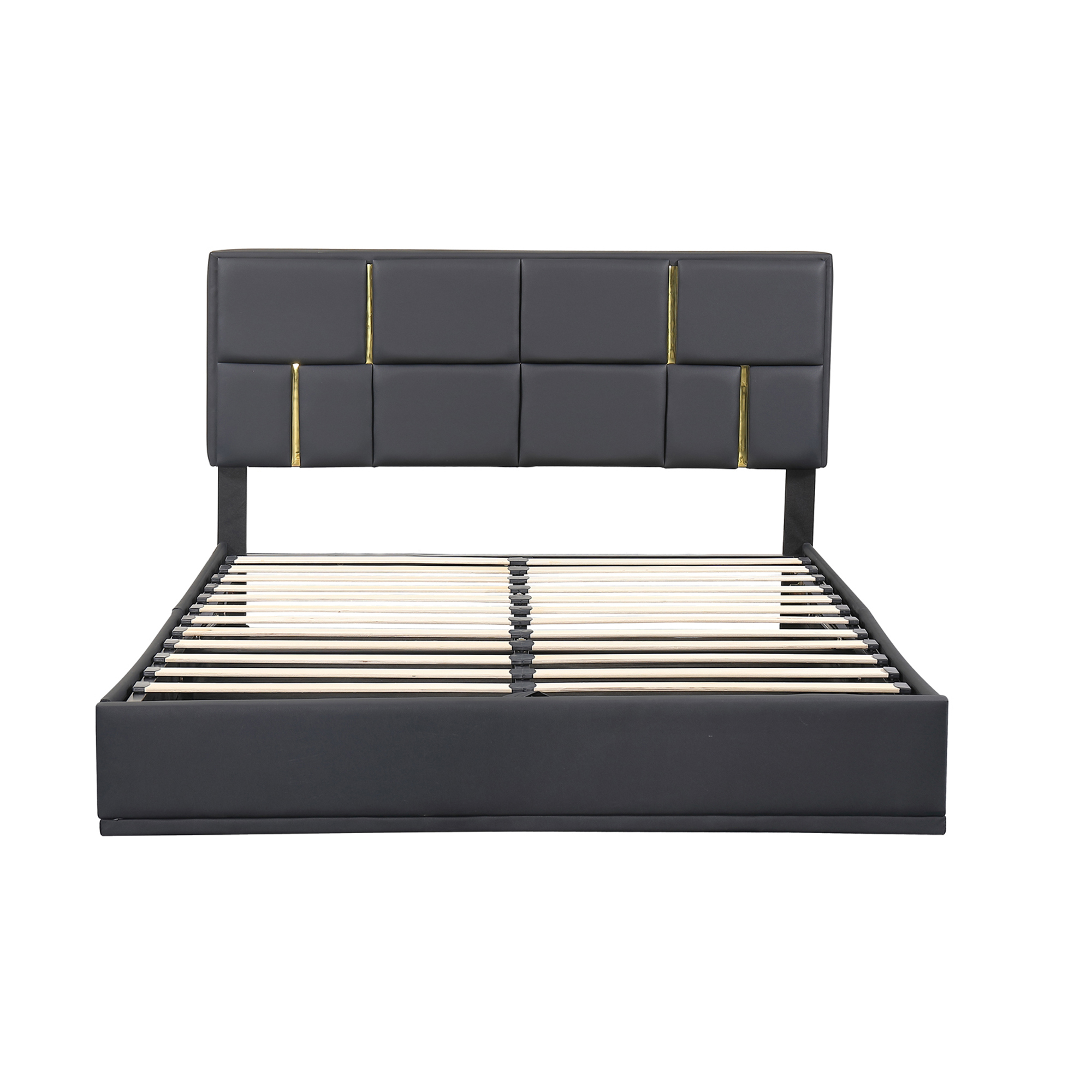 Euroco Upholstered 2 Pieces Bedroom Furniture Set, Queen Size Platform Bed with Hydraulic Storage System and Storage Ottoman, Black