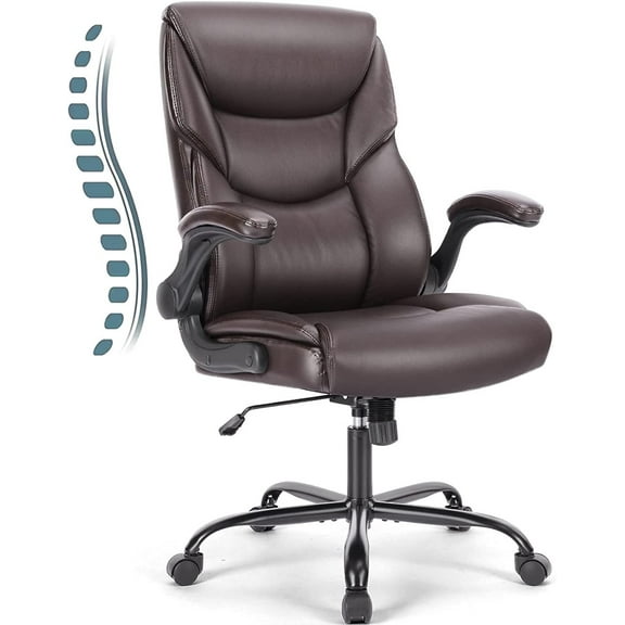 RONG-3 Office Chair - Ergonomic Executive Computer Desk Chairs with Adjustable Flip-up Armrest, Swivel Task Chair with Lumbar Support, Strong Metal Base, PU Leather,Brown