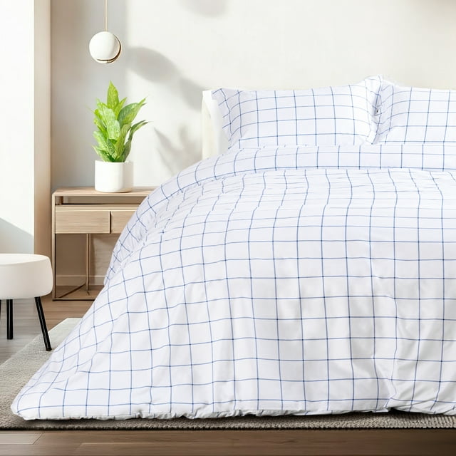 Juego de Funda para Edredón Dreamlab 2 Piezas tela ultra suave Premier 1800 Queen Size 228cm x 228cm Cuadros blanco/azul