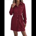 thumbnail image 1 of Vestido Camisero Mini de Larga Plisado con Cuello en V y Botones para Mujer con Cinturón Vino Tinto M, 1 of 10