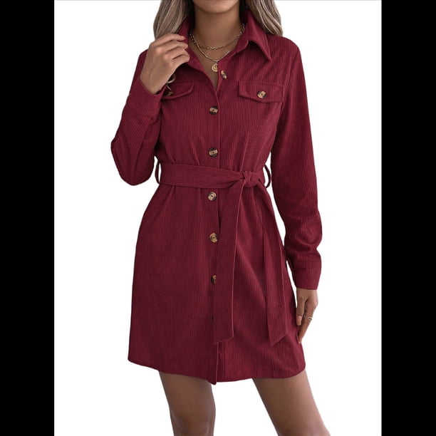 Vestido Camisero Mini de Larga Plisado con Cuello en V y Botones para Mujer con Cinturón Vino Tinto L