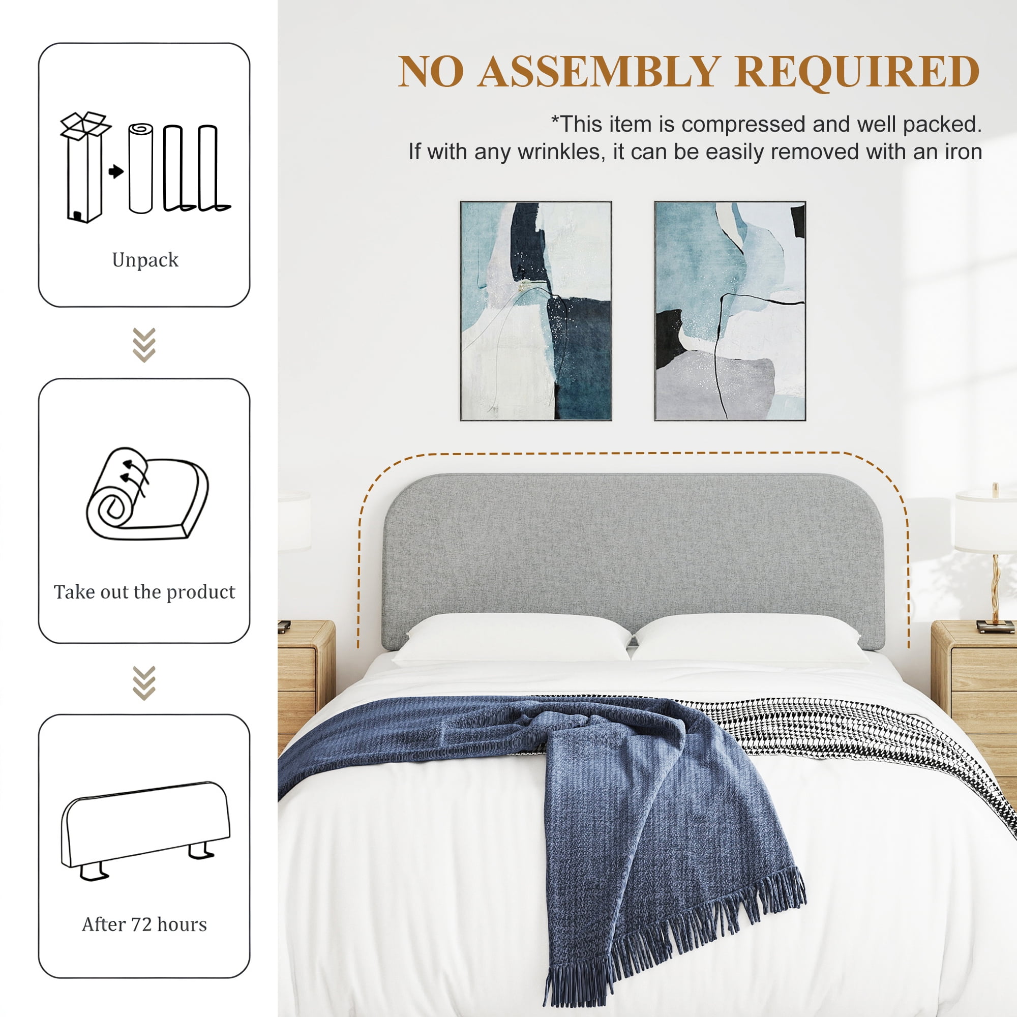 Furpopup Queen Size Headboard Only No-Assembly Upholstered Headboard, Queen Size Linen Fabric Modern Style Headboards Extra-Thick- Light Gray