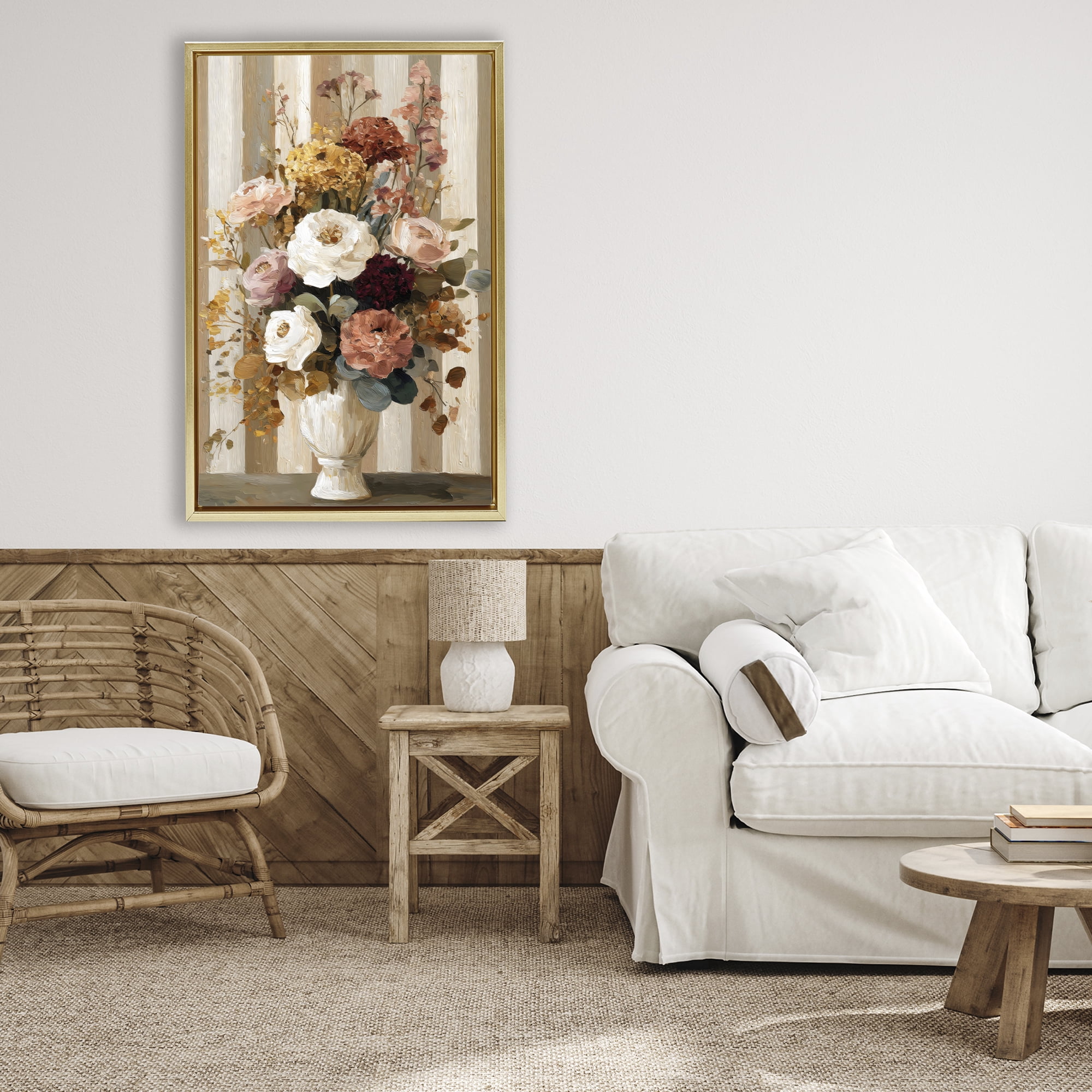 Stupell Industries Vintage Arrangement in Vase Gold Framed Floater Canvas Wall Art, design by Petal Prints Design