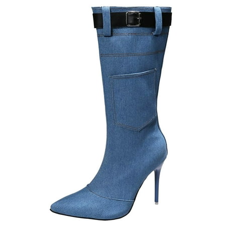 

New Fashion Warm Female Boots Wide Calf Boots For Women Ladies Western Pointed Toe Cowboy Boots For Women Mid Calf Shoes Retro Stiletto Boots Shoes