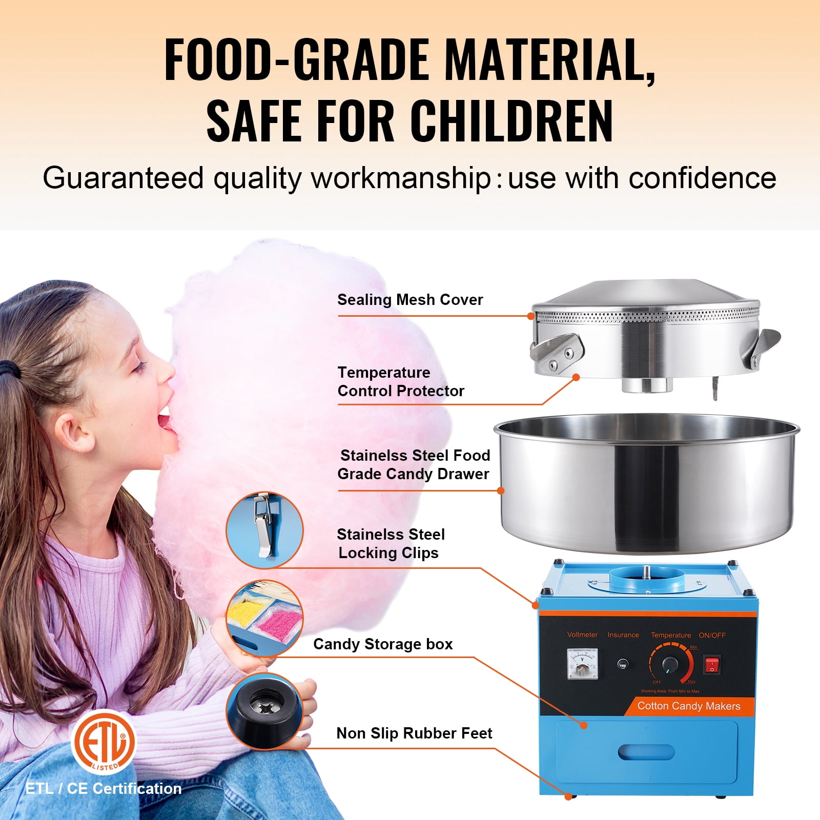 KFFKFF Commercial Cotton Candy Machine Sugar Floss Maker 1000W for Party Blue