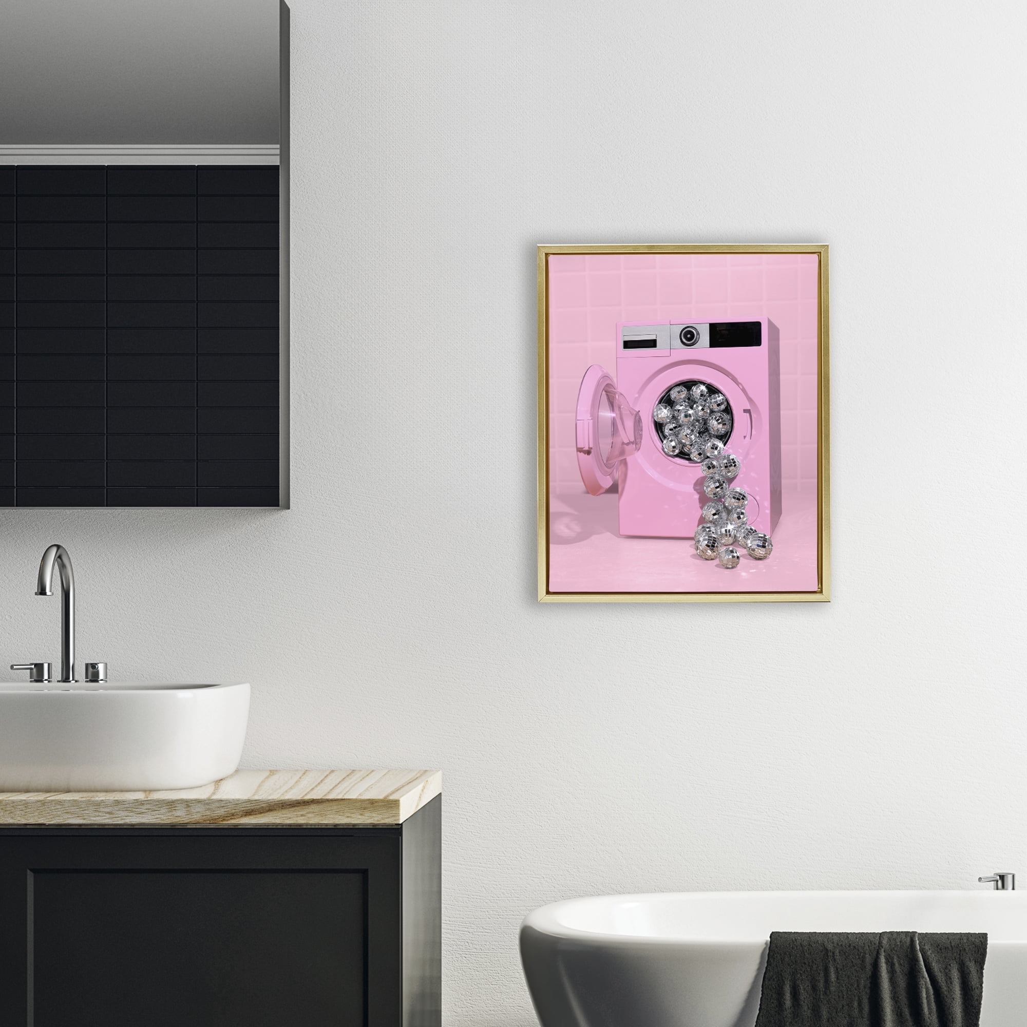 Stupell Industries Disco Laundry Machine over Pink Gold Framed Floater Canvas Wall Art, design by LISH Creative