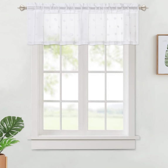 Haperlare Pom-Pom Kitchen Curtain Valance 54"W x 15"L Sheer Valance Curtains for Cafe Light Filtering Linen Textured Look Bathroom Window Curtain, White Pompoms, 1 Panel