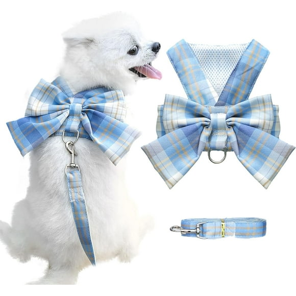 Dog Harness for Small Dogs with Bow Small Harness for Dogs with D-Ring Soft Mesh Adjustable Harness Set Puppy Pet Harness and Leash (Blue XS)