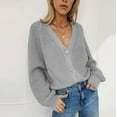 thumbnail image 1 of Womens Solid V-Neck Cardigan Lantern Sleevebutton Knit Sweater Cardigan, 1 of 4