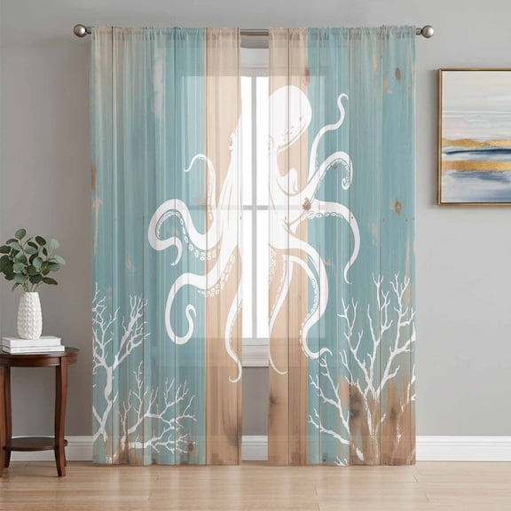 Coastal Octopus Sheer Curtains 84 Inch Length 2 Panels Set, Summer Coral Ocean Vintage Wood Voile Window Treatment Rod Pocket Curtains Sheers Drapes for Bedroom/Living Room/Kitchen 52"x84"x2