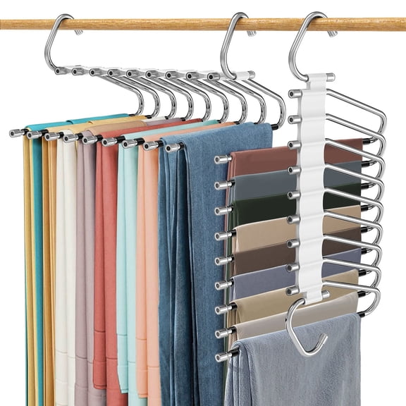 DKLYHW 9 Layers Pants Hangers 2 Pack, Space Saving Multifunctional Pant Rack Stainless Steel Closet Organizer for Pants Jeans Leggings Trousers