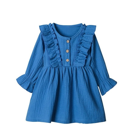 

Honeeladyy Winter Toddler Girl Fall Dress Ruffles Long Sleeve Vintage Kids Solid Dresses Tops Winter Outfits Casual Clothes Blue Sales