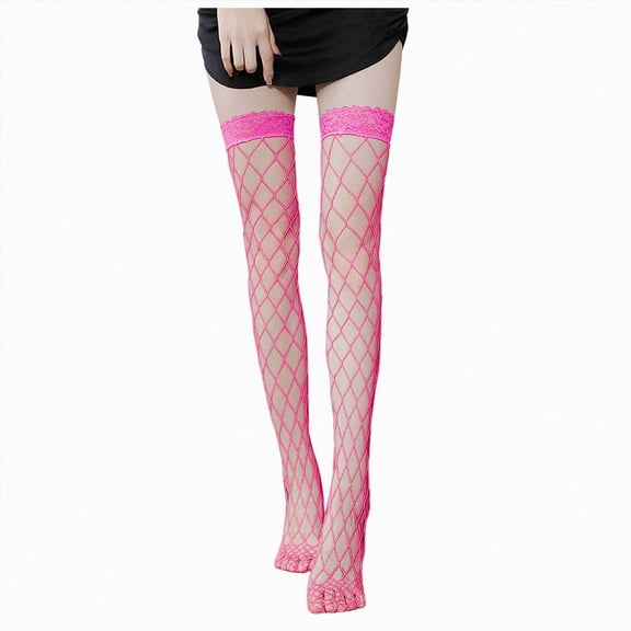 HCNTES Women Stockings Fishnet Lace Top Thigh High Stay Up Fishnets Tights Sheer Nylon Hosiery Pantyhose Lingerie 1-Hot Pink