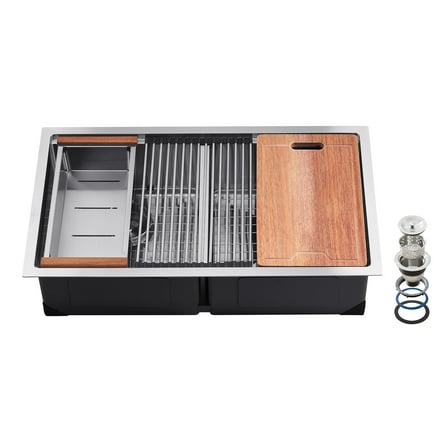 KFFKFF 33-inch Undermount Kitchen Sink, 304 Grade Stainless Steel Dual Basin Farmhouse Style Sink with Accessories, Multifunctional Workstation Set for Kitchen