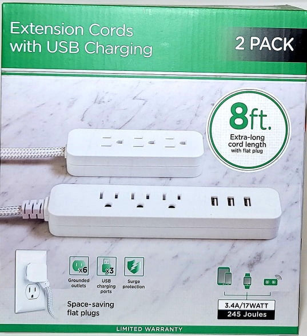 8' Extension Cords With USB Charging. 3.4A/17 Watt. 2 Pack.