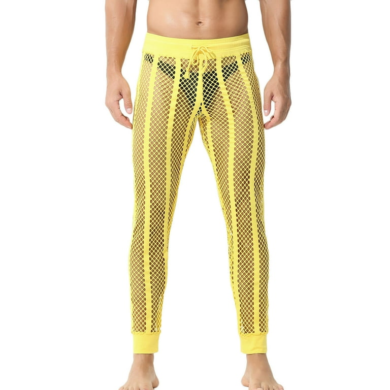 skpabo Men s Fishnet Pants Mesh See Through Muscle Leggings Stretchy Drawstring Long Pants