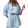 thumbnail image 2 of MAIHAN Linen Set Women Summer Loose Fit Long Sleeve Shirt and Elastic Waist Shorts Women 2 Piece Outfits Sets Casual Matching Lounge Sets Two Piece Outfit, 2 of 7