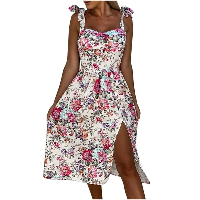 Pompotops Robe Nuisette Sans Manches Ample pour Femme, Imprimé Bohème, Robe de Plage Fendue, Robe Mi-Longue