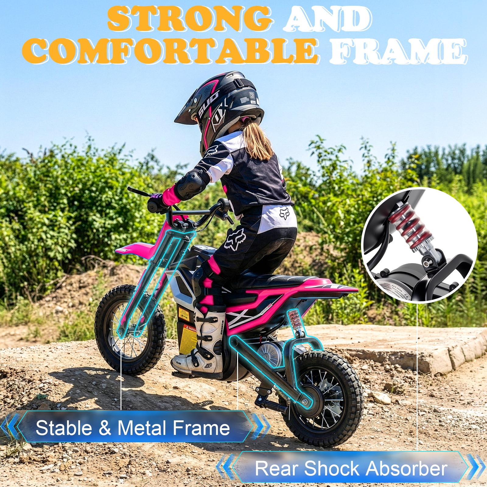 UBesGoo Electric Dirt Bike, 24V 250W Ride on Toys for Big Kids with Music & Bluetooth, 14 mph Twist-Grip Throttle & Hand-Operated Rear Brake, Pink