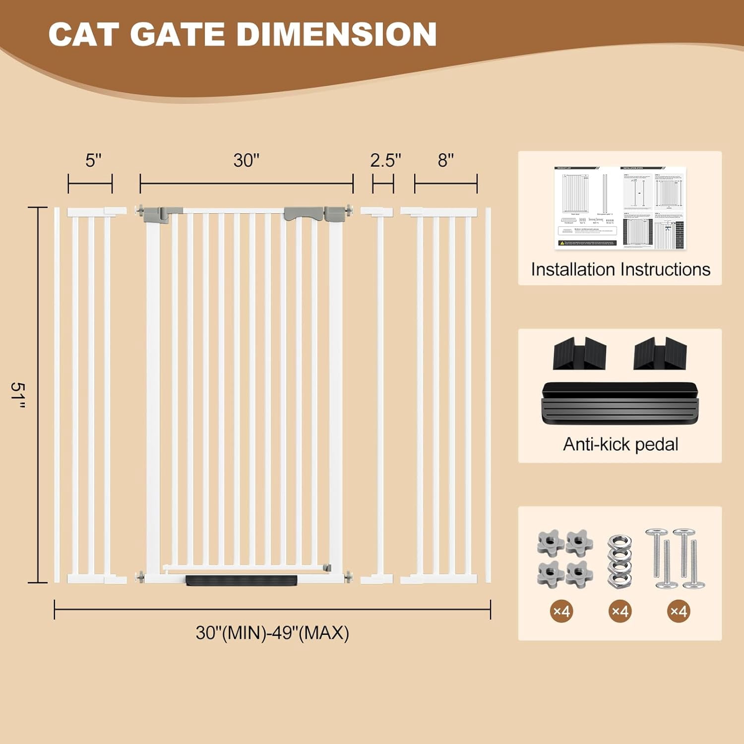 51" Extra Tall Auto Close Pet Gate, 30-49" Wide Pressure Mounted No Drill Dog Cat Gate with Extensions