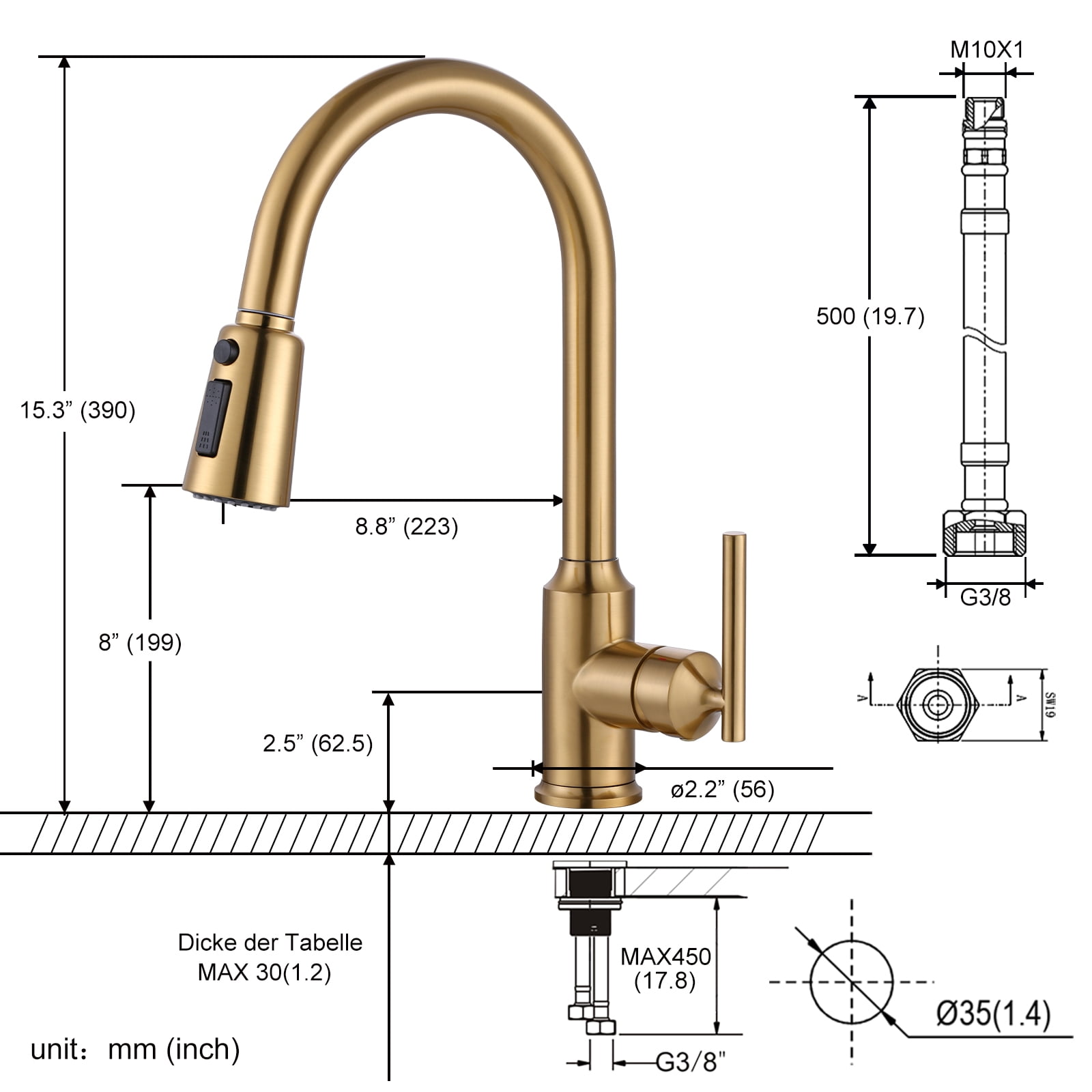 WOWOW Single Handle Kitchen Sink Faucet Brushed Gold Kitchen Faucet with Pull Down Sprayer