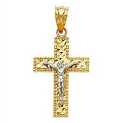 14K Two Tone Gold Crucifix Pendant - Depiction of Jesus Christ on Holy Linear Cross - Christianity Fine Jewelry - Suitable for Men & Women - Ideal Gift for All Special Occasion, 1.3 Grams, 23 x 15 mm