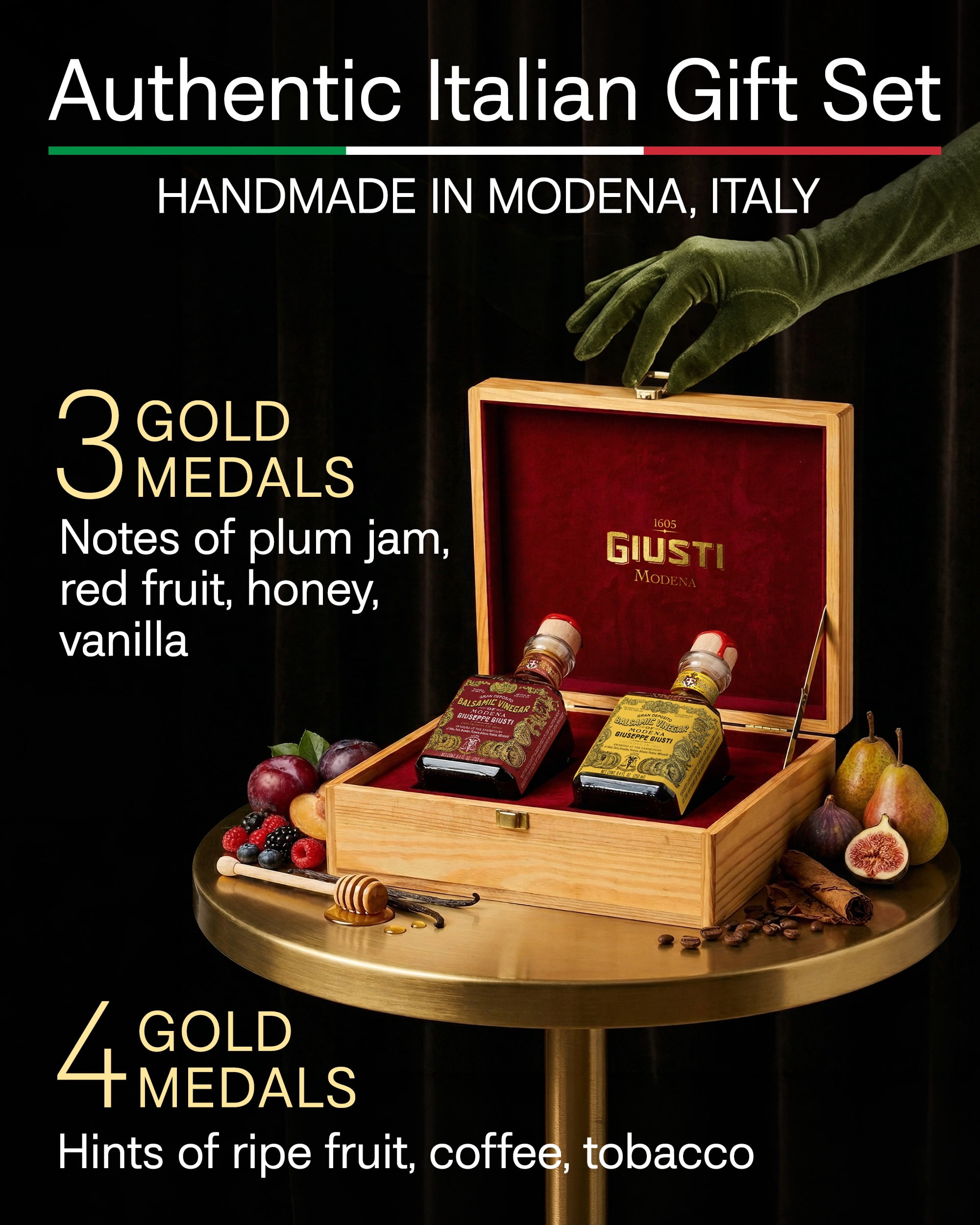 Giusti Balsamic Vinegar of Modena Duo Set – 3 & 4 Gold Medals Gran Deposito and Quarto Centenario, Wooden Gift Box of Aceto Balsamic di Modena IGP, Made in Italy – 2 x 8.45 fl oz