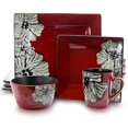 thumbnail image 1 of Elama Colecci&oacute;n de vajilla de gres, 16 piezas, rojo con detalles de flores blancas, 1 of 5