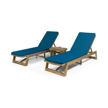 GDF Studio Karyme Outdoor Acacia Wood 3 Piece Adjustable Chaise Lounge Chat Set with Cushions, Teak and Blue