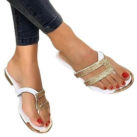 

YanHoo Clearance Women s Slide Sandals - Rhinestone Dressy Bohemian Slip On Flat Sandals Cute Low Wedge Flip Flop Thong Summer Open Toe Sandal Shoes