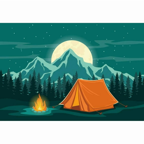 DORCEV Cartoon Outdoor Camping Backdrop Moon Night Outdoor Camping Scene Orange Tents Fire Nature Hiking Morning Forest Boy Scouts Activity Holiday Travel Kids Adult Photo Studio Props
