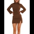 thumbnail image 1 of Vestido de Mujer con Mangas Largas Cruzadas, Volantes, Dobladillo Ajustado, Abertura, Cuello Medio Alto, Falda Corta, Cintura Ajustada. Café M, 1 of 9