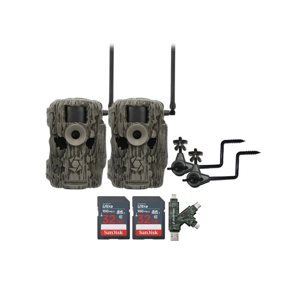 Stealth Cam 36MP Fusion Max Cellular Trail Camera (2-Pack) Bundle with Economy Trail Camera Holder (2-Pack), 4-In-1 Card Reader, and 32GB Ultra SDHC UHS-I Memory Card (2-Pack) (6 Items)