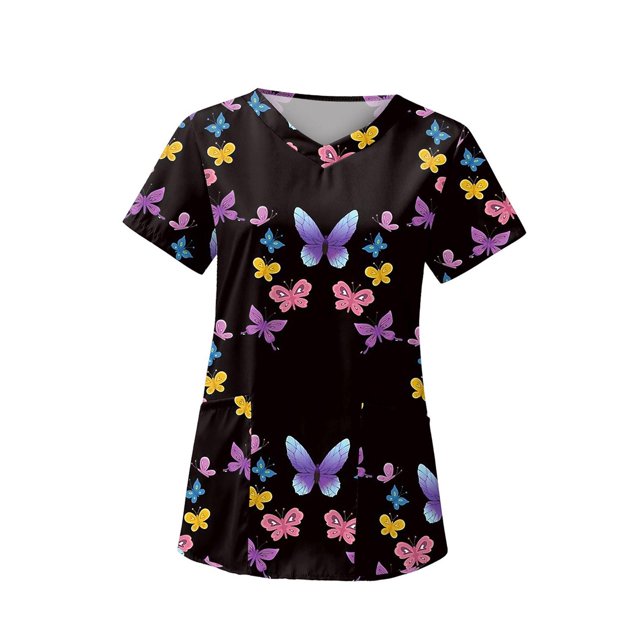 Top exfoliante con cuello en V para mujer, Uniforme de Trabajo de enfermera con bolsillos laterales, camiseta cómoda y duradera para tienda de Mariposa negra