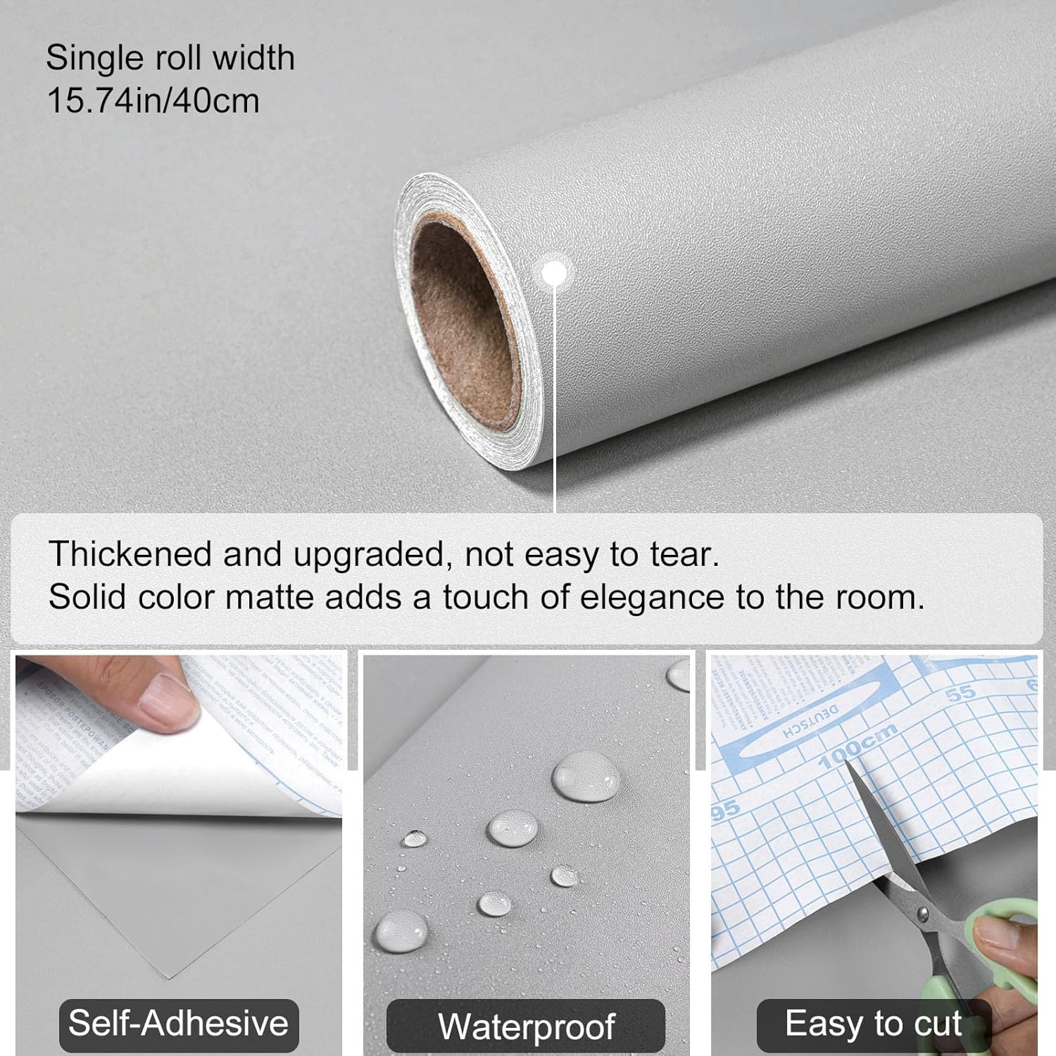 Grey Peel and Stick Wallpaper Solid Grey Contact Paper A Set of 15.7"x236" Matte Self Adhesive Waterproof Vinyl Roll for Wall Coverings,Cabinets,Countertops,Bedroom,Kitchen